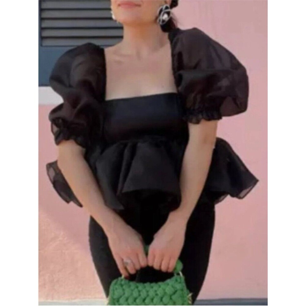 Selkie The Bubble Top Voluminous Organza Puff sleeve peplum blouse Black Caviar